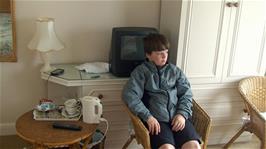Ash with our TV and coffee-making equipment in the Chy an Kerensa Guest House, Cliff Road, Perranporth